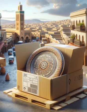 DALL·E 2024-05-20 14.31.32 - A high-quality, realistic image showing a delivery process for Moroccan ceramics in the city of Fes. The scene includes beautifully crafted Moroccan c